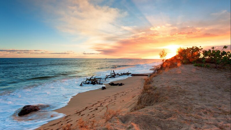 Sunset at Sandy Beach — Blue, Serene, Photograph, Ocean