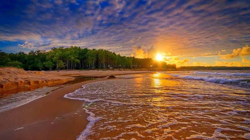 Sunset at Sandy Beach — Blue, Serene, Photograph, Ocean, Trees