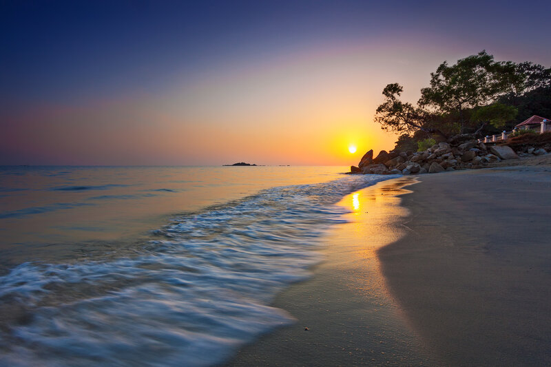 Sunset at Sandy Beach — Blue, Serene, Photograph