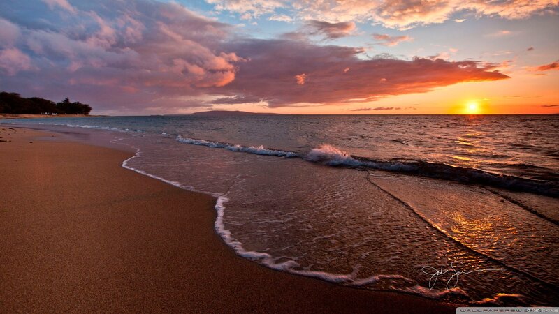 Sunset at Sandy Beach — Orange, Serene, Photograph, Ocean, Clouds, Sand