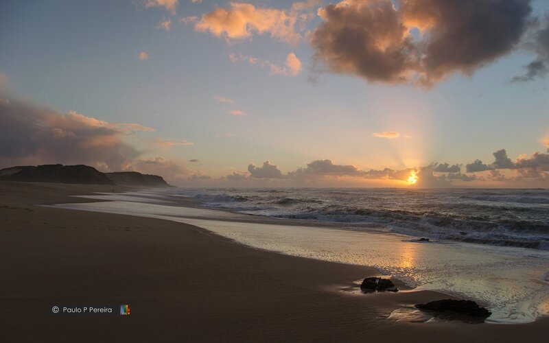 Sunset at Sandy Beach — Orange, Serene, Photograph, Ocean, Clouds