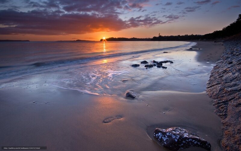 Sunset at Sandy Beach — Orange, Serene, Photograph, Ocean, Rocks, Clouds