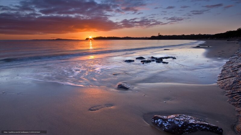 Sunset at Sandy Beach — Orange, Serene, Photograph, Ocean, Rocks