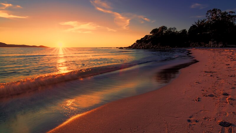 Sunset at Sandy Beach — Orange, Serene, Photograph, Ocean, Sand