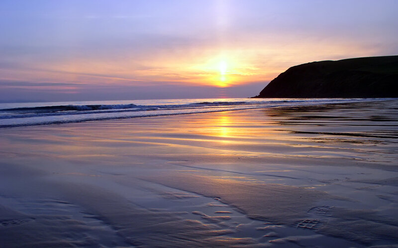 Sunset at Sandy Beach — Yellow, Serene, Photograph