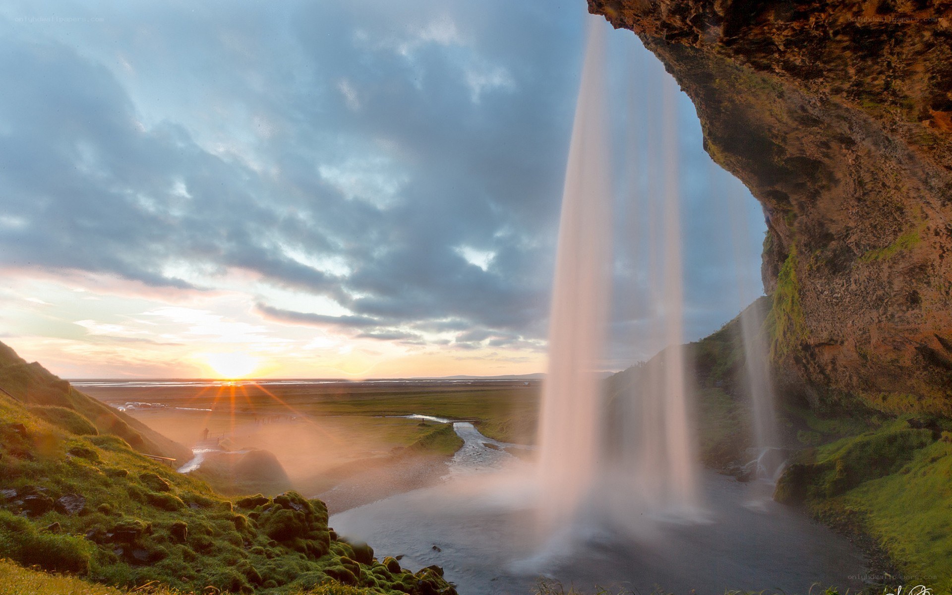 Sunset at Seljalandsfoss waterfall