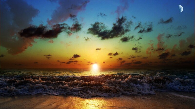 sunset at the beach with moon