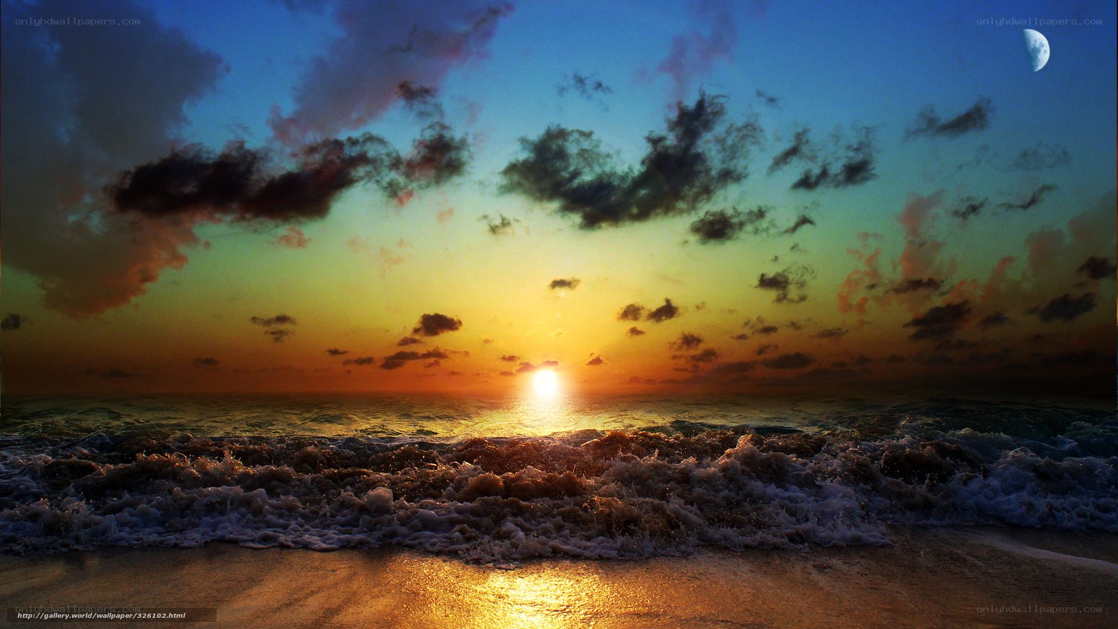 Sunset at the beach with moon