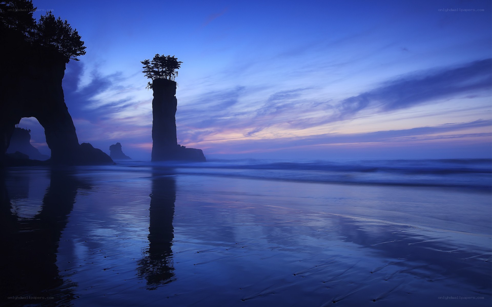 Sunset at the beach with sea stacks