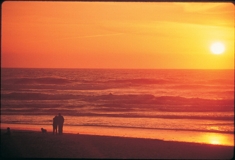 Sunset at the beach with silhouettes