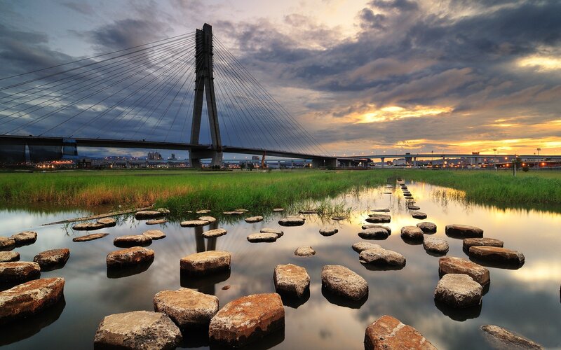 Sunset at the cable-stayed bridge