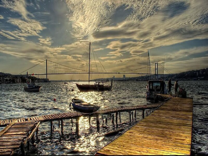 Sunset at the dock with bridge