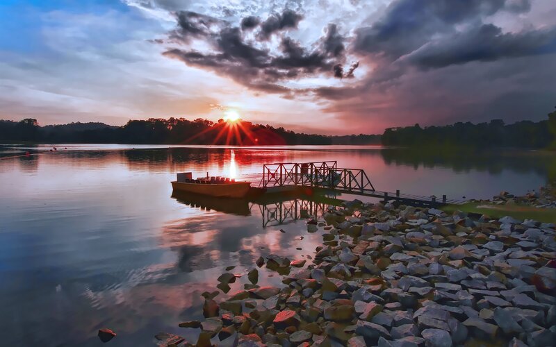 Sunset at the lake with dock
