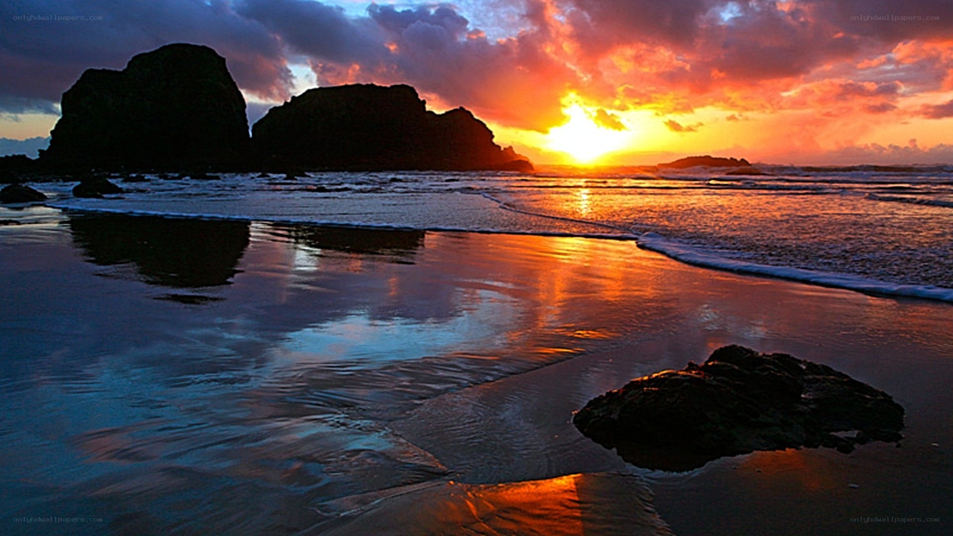 Sunset at the rocky beach