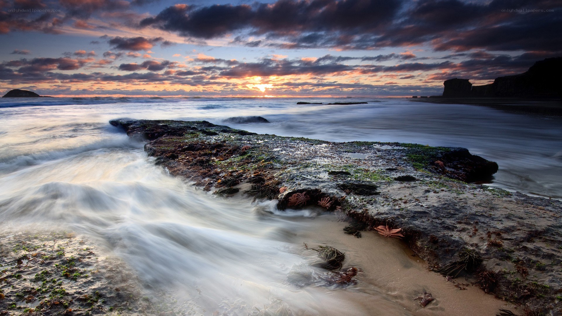 Sunset at the rocky shore