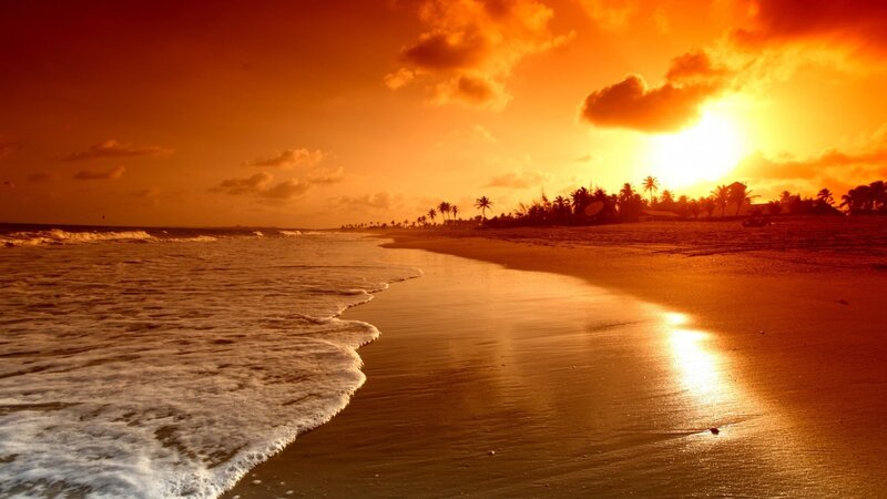 Sunset at Tropical Beach — Orange, Dramatic, Photograph, Ocean, Palm Trees, Sand