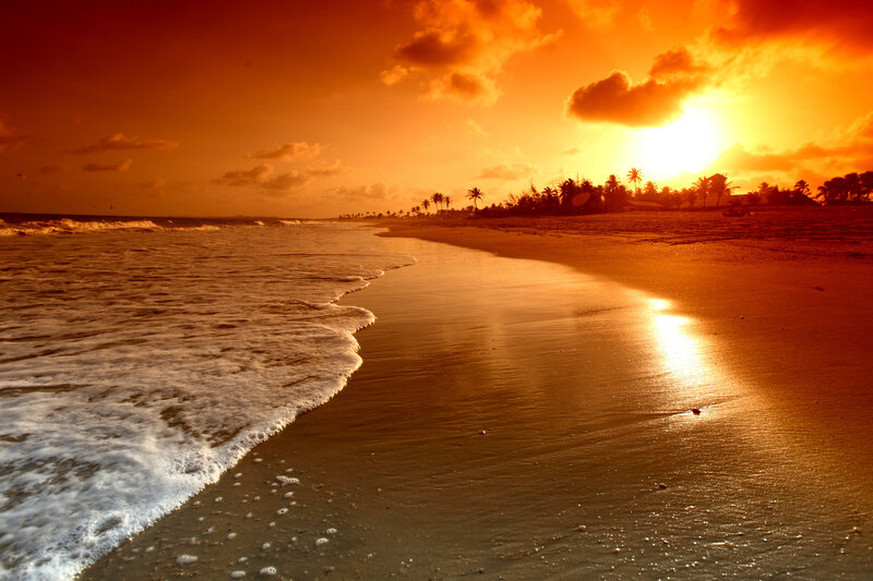Sunset at Tropical Beach — Orange, Dramatic, Photograph, Ocean