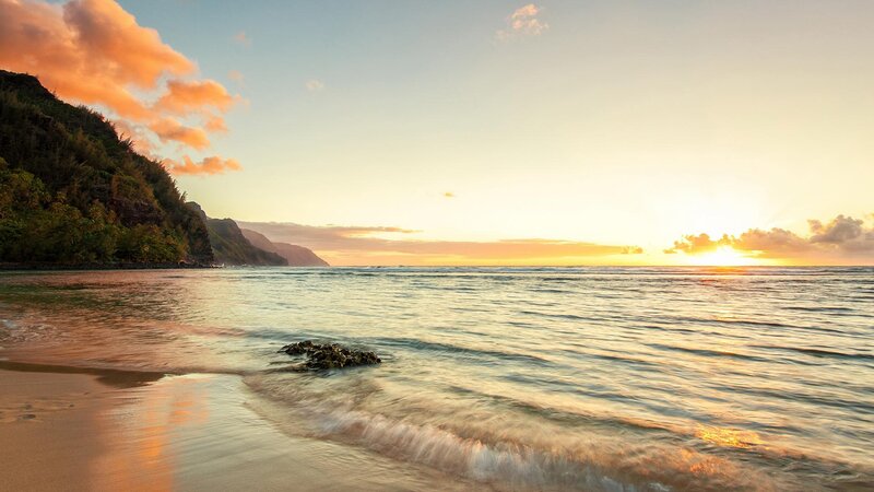 Sunset at Tropical Beach — Orange, Serene, Photograph, Ocean