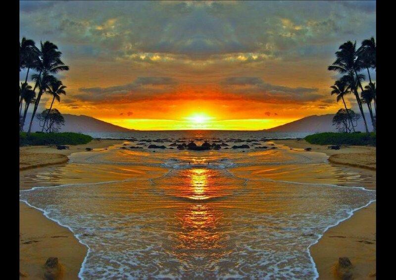 Sunset at Tropical Beach — Orange, Serene, Photograph, Palm Trees, Mountains