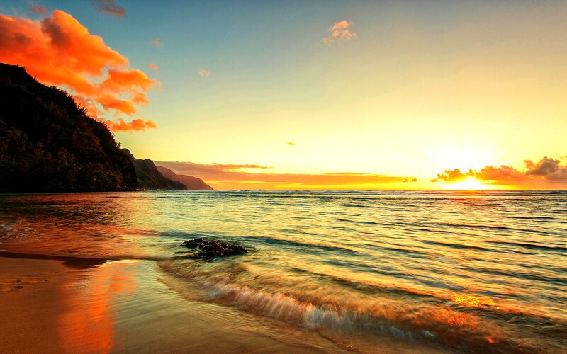 Sunset at Tropical Beach — Orange, Serene, Photograph