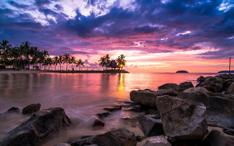 Sunset at Tropical Beach — Purple, Dramatic