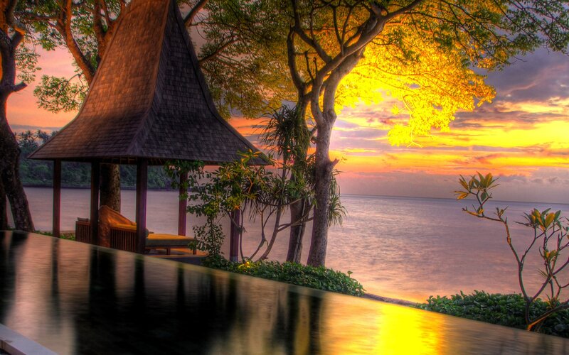 Sunset at tropical resort gazebo