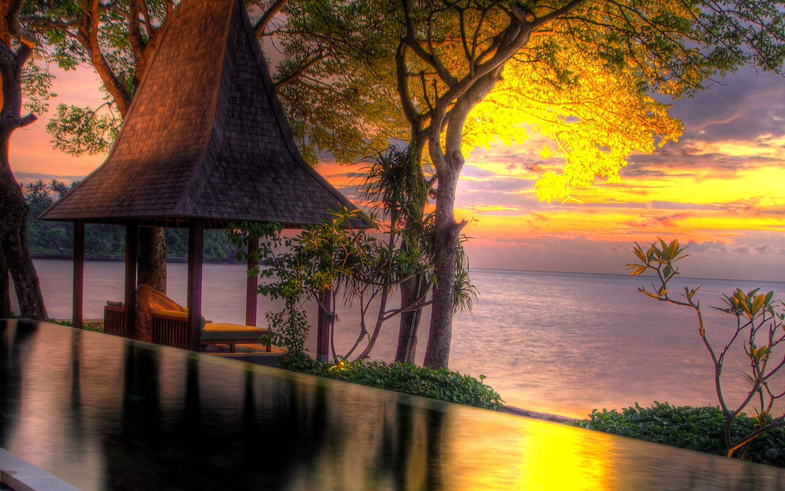 Sunset at tropical resort gazebo