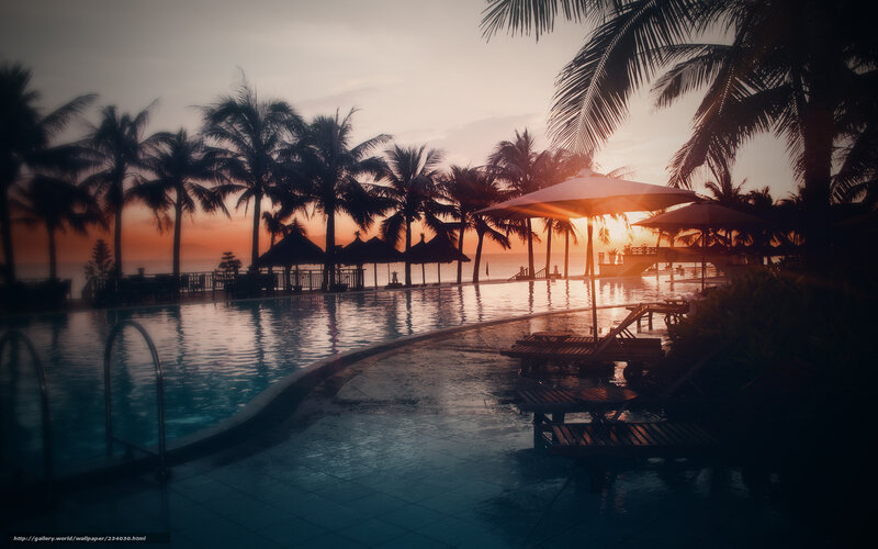 Sunset at tropical resort pool
