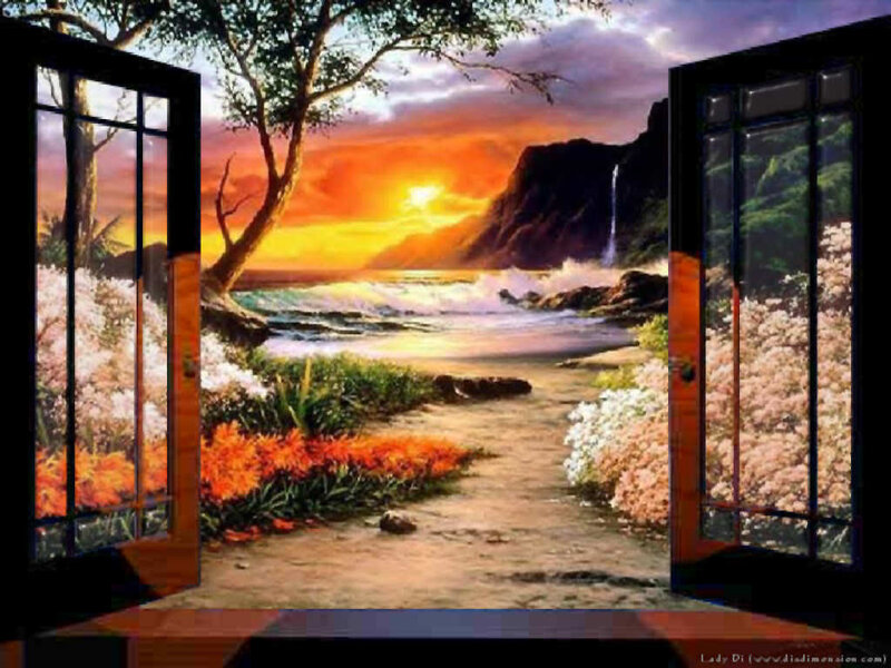 Sunset beach path through doors