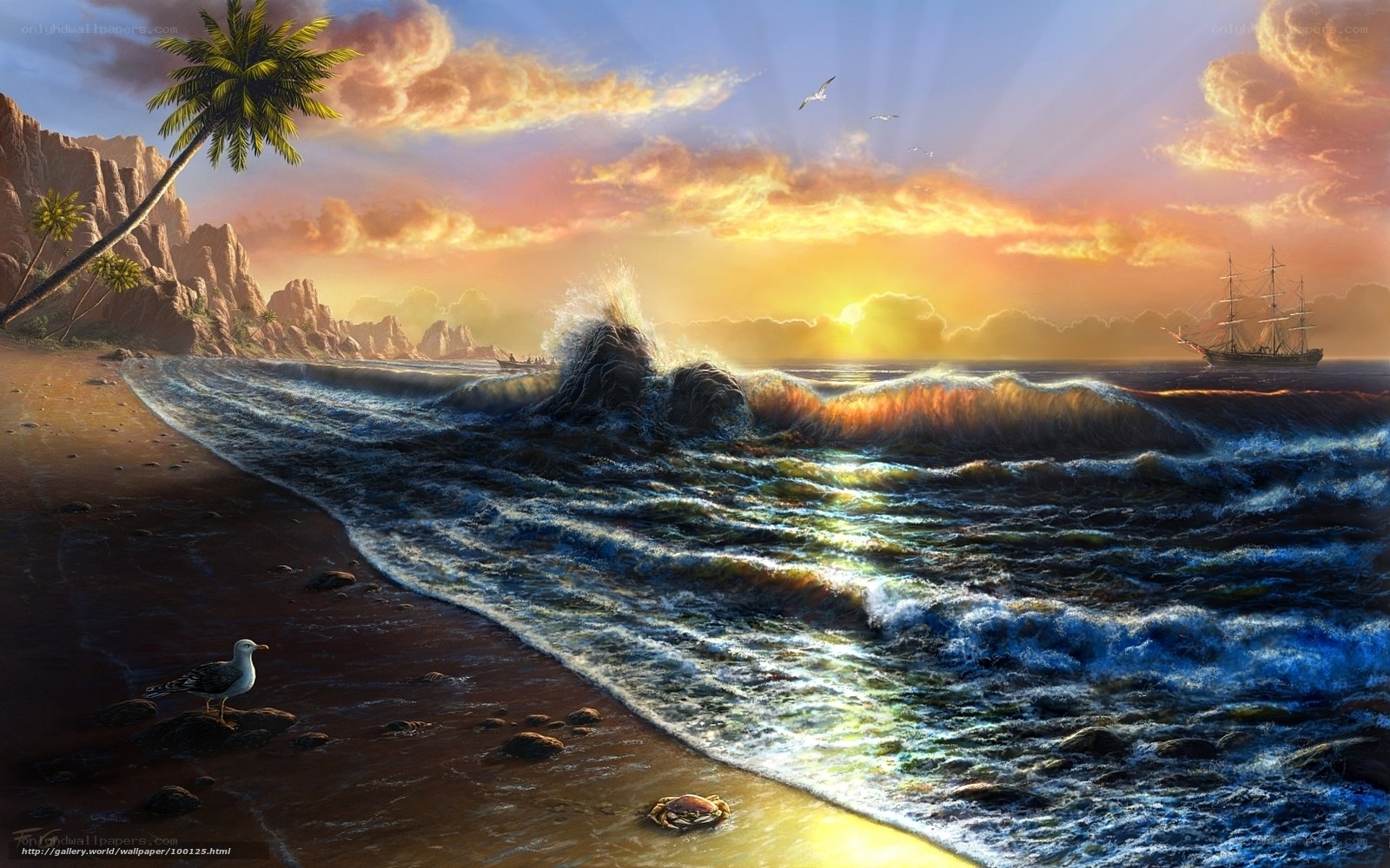 Sunset beach with ship