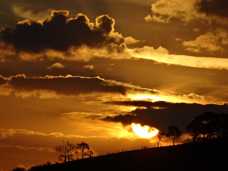 Sunset Behind Clouds — Orange, Dramatic, Photograph, Trees, Hill