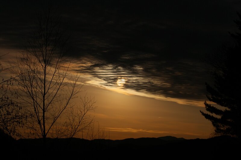 Sunset Behind Clouds — Orange, Dramatic, Photograph, Trees, Mountains