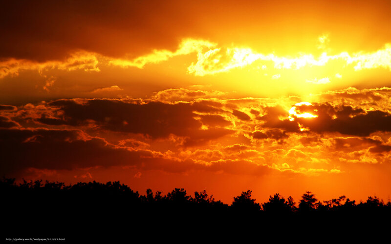 Sunset Behind Clouds — Orange, Dramatic, Photograph, Trees, Sun