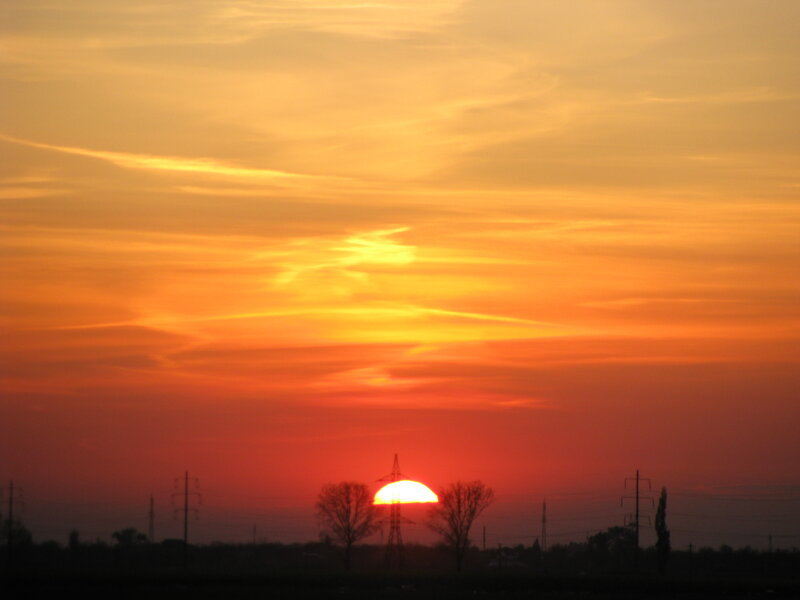Sunset Behind Power Lines — Orange, Dramatic, Photograph, Sun