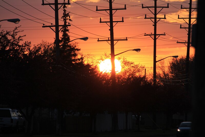 Sunset Behind Power Lines — Orange, Dramatic, Photograph