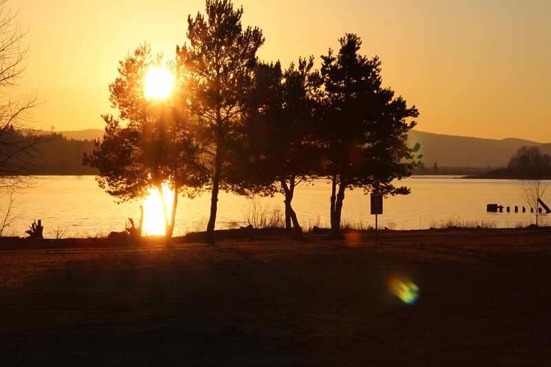 Sunset Behind Trees — Orange, Serene, Photograph, Lake, Mountains
