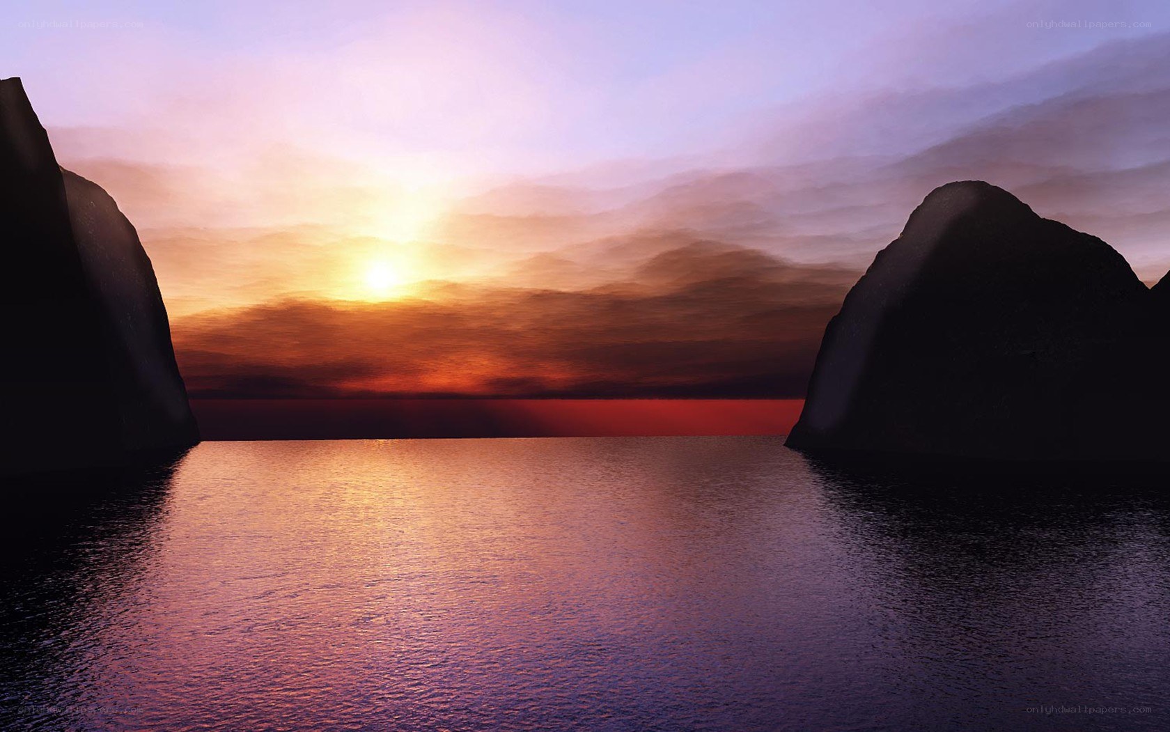 Sunset between rocky cliffs