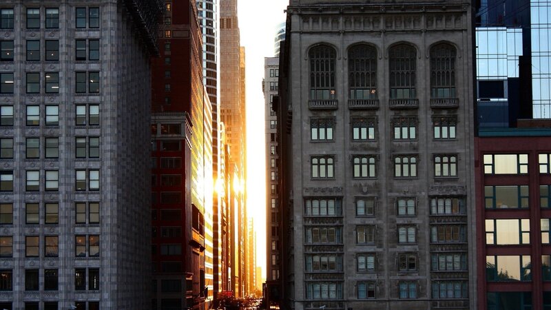 Sunset Between Skyscrapers — Gray