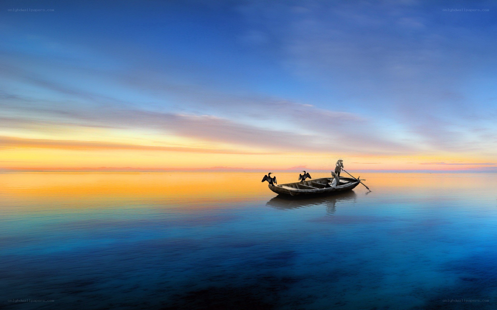 Sunset boat on calm water
