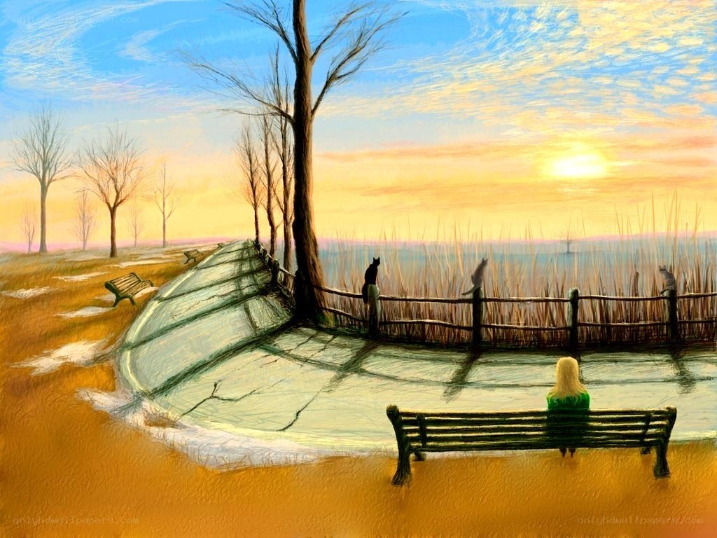 Sunset by the frozen lake