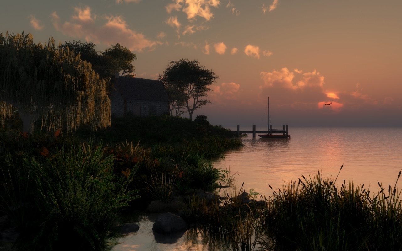 sunset by the lakeside cabin