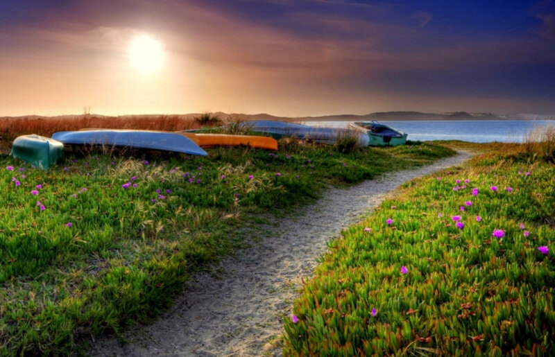 Sunset by the lakeside path