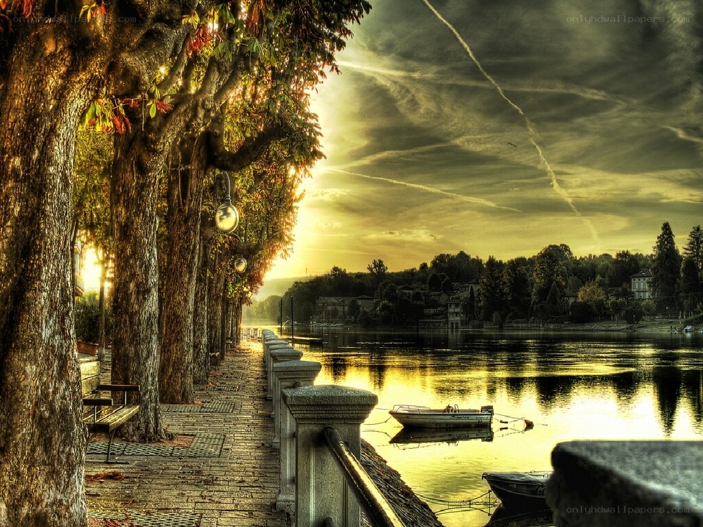 Sunset by the lakeside promenade
