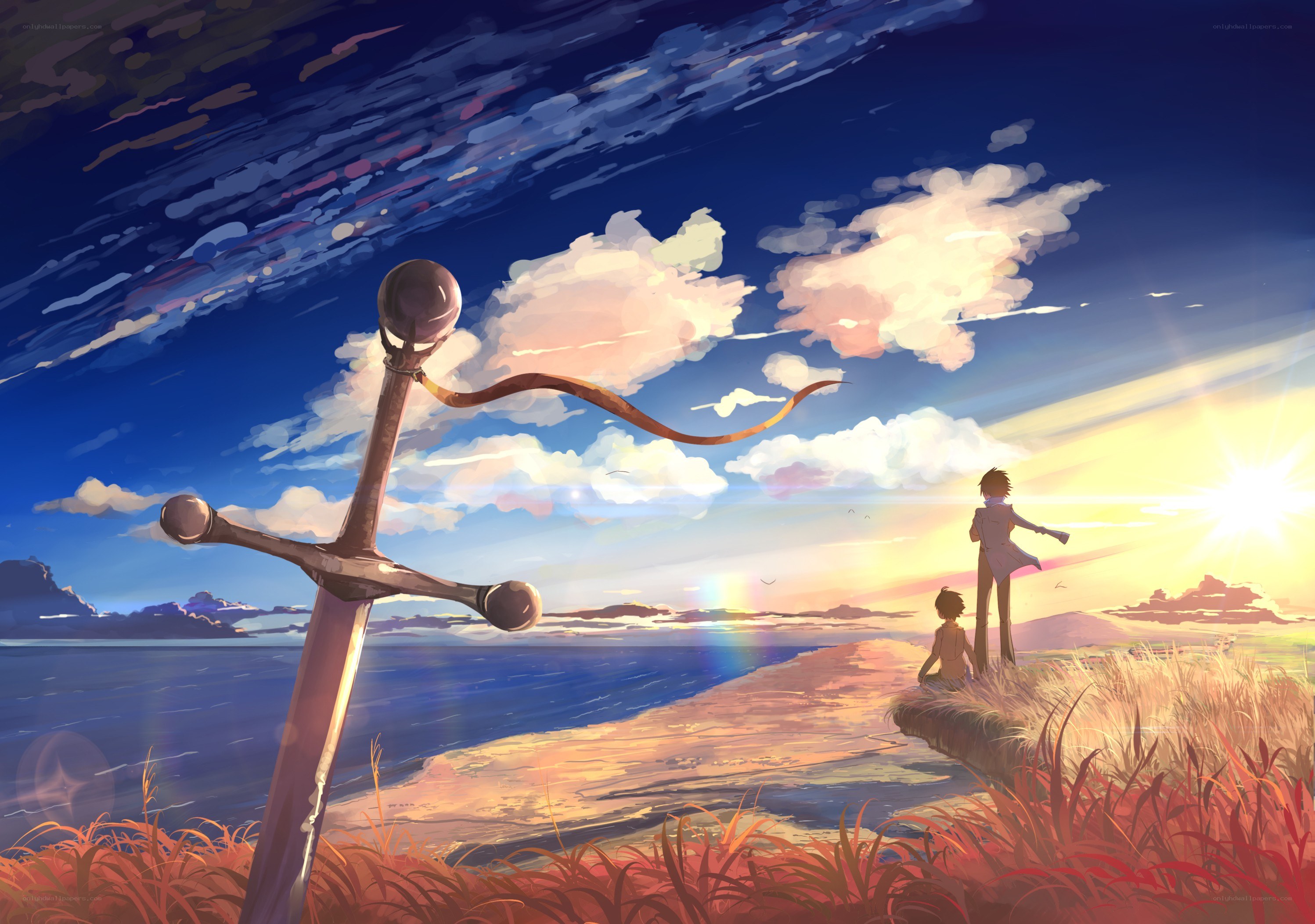 Sunset by the sea with sword