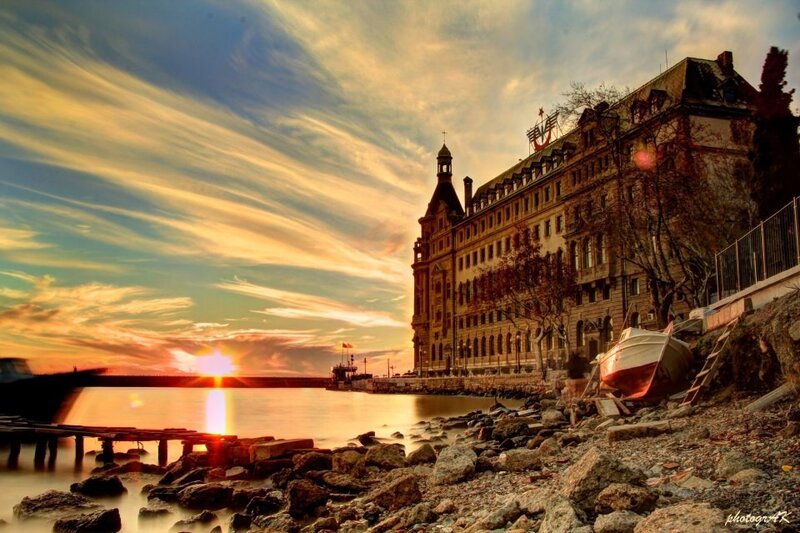 Sunset by the waterfront building