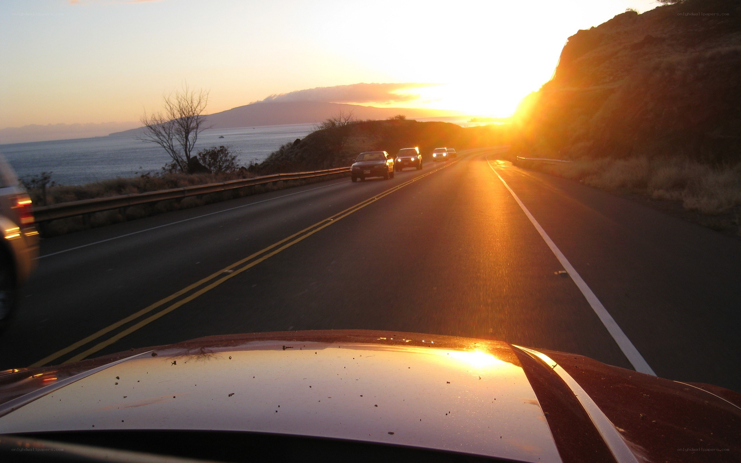 sunset drive on coastal road