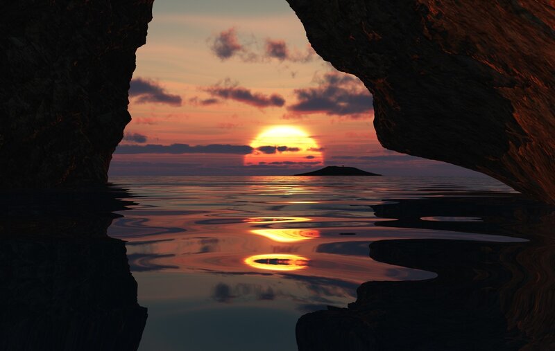 Sunset from cave entrance