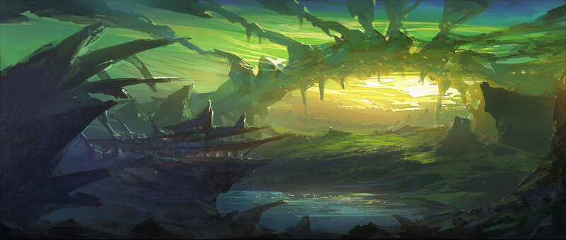 Sunset in a lush cavern