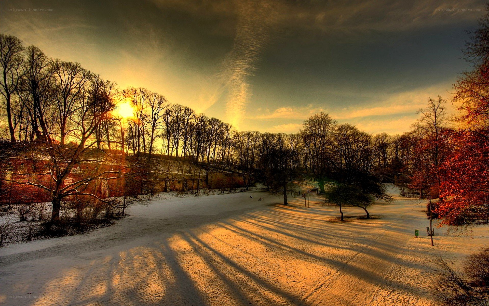 Sunset in a snowy park