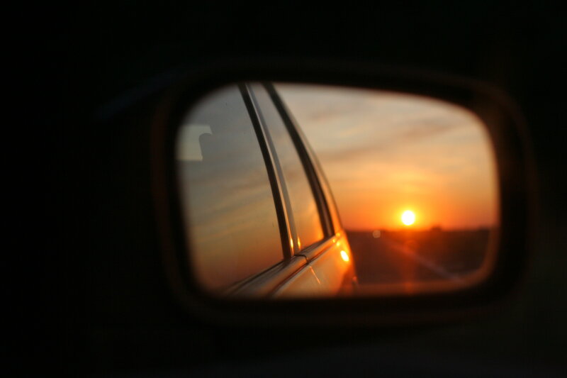 Sunset in car mirror